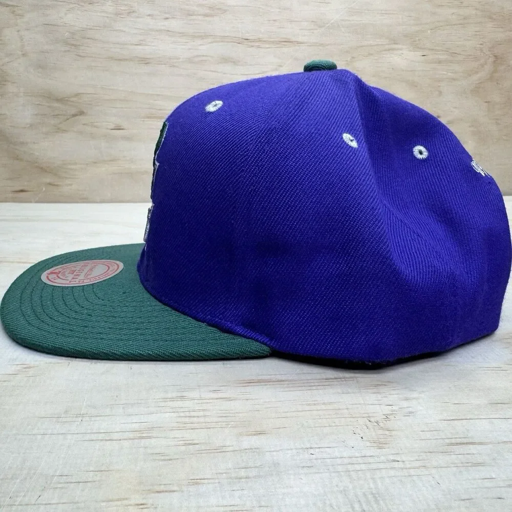 NEW DAMAGED Milwaukee Bucks Mitchell Ness HWC Snapback Purple Green OSFM